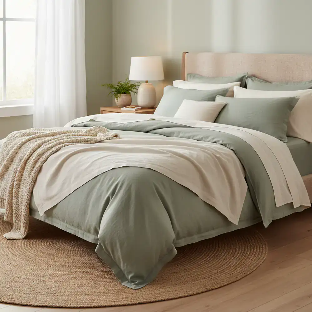 A serene bedroom setting featuring premium ivory and sage green linens